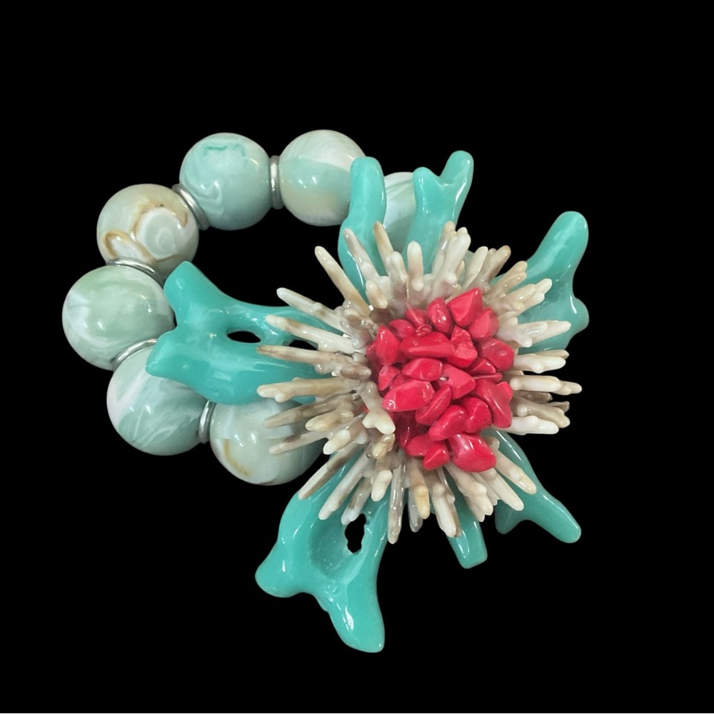 “Hush” Artisan Coral Reef Statement Bracelet Aqua Marbled Beads Faux Stretch Bra